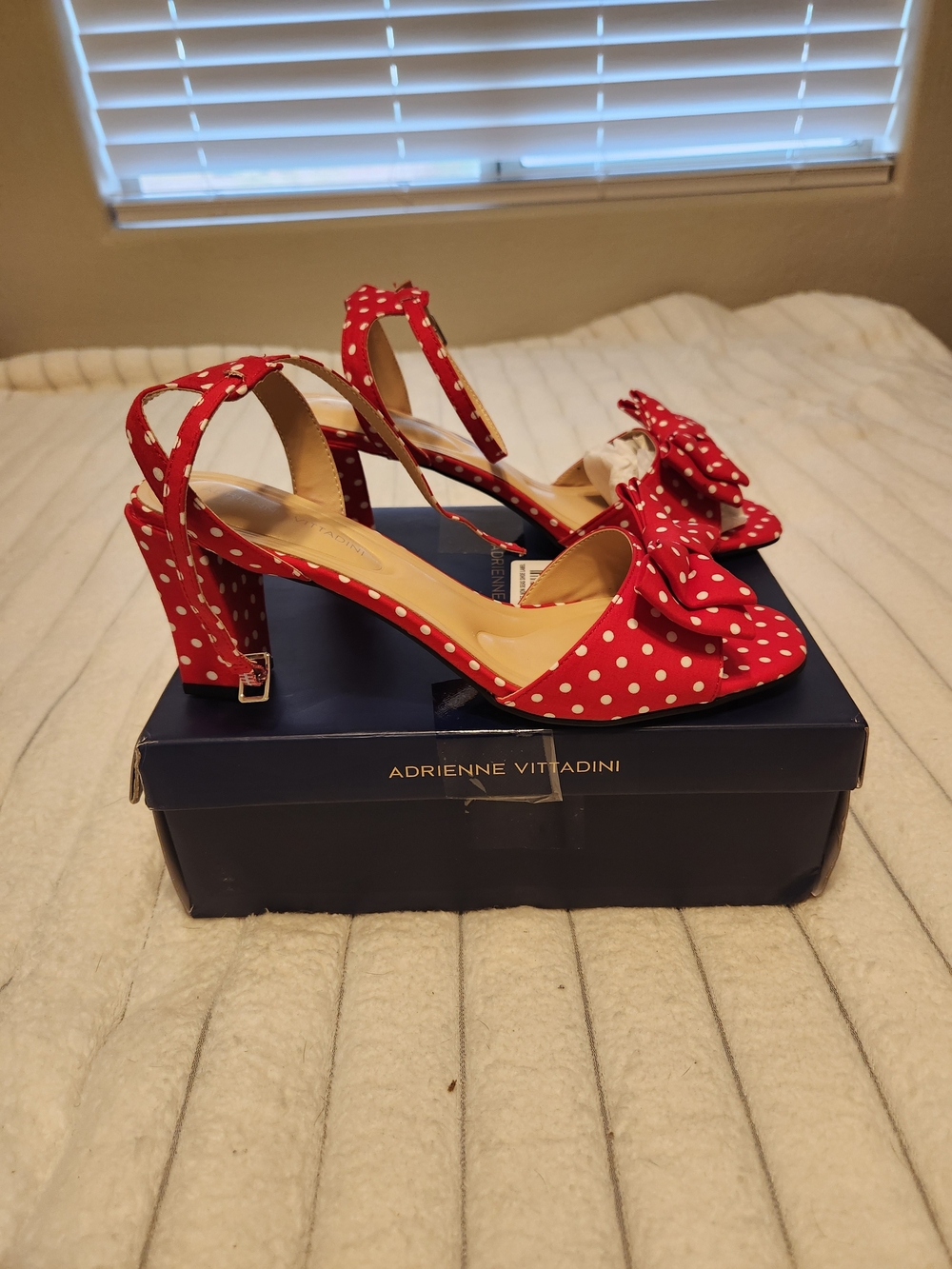 Adrienne Vittadini Red Polka Dot Bow Block Heel Sandals
